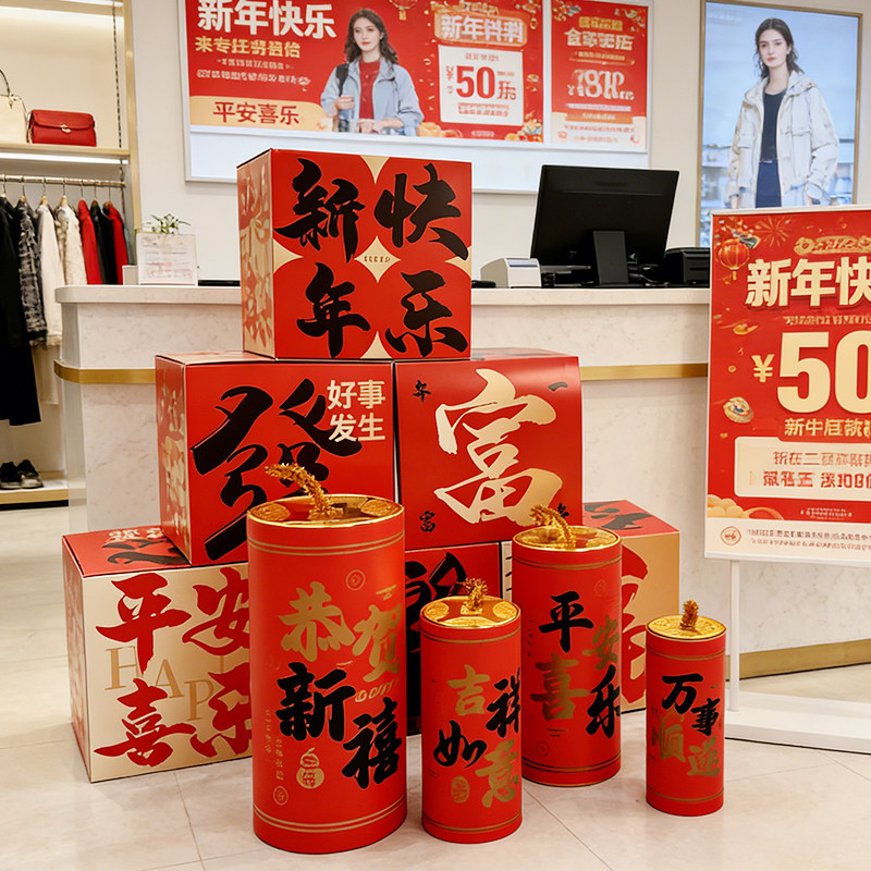2026春节新年坐炮装饰马年福到了商场橱窗地堆盒过年美陈场景布置,淘宝优惠券,粉丝福利购,淘宝优惠卷