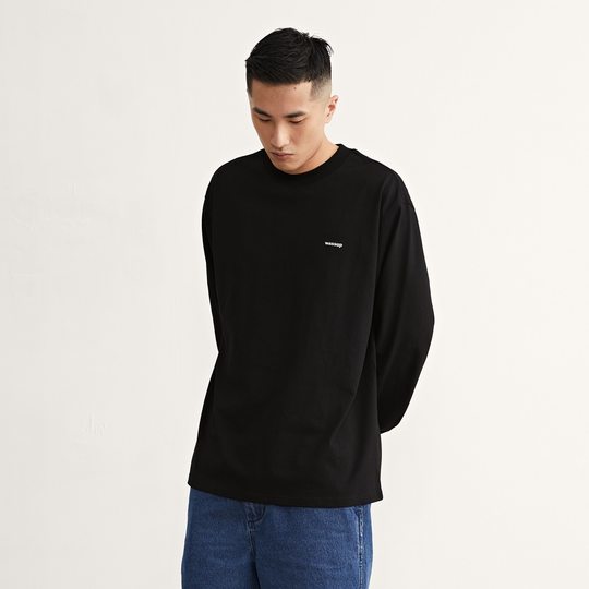 wassup基础长袖打底衫圆领上衣休闲美式白色纯棉t恤男情侣衣服女