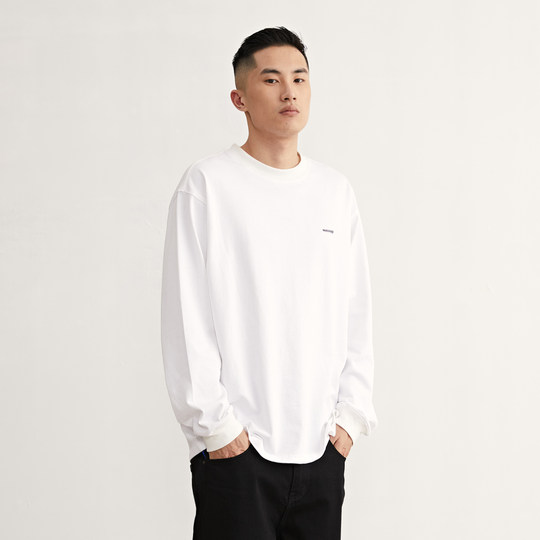 wassup基础长袖打底衫圆领上衣休闲美式白色纯棉t恤男情侣衣服女