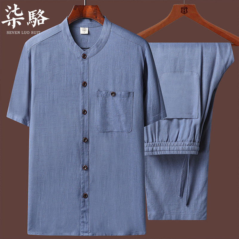 中老年唐装男棉麻短袖中国风衬衫 柒骆唐装