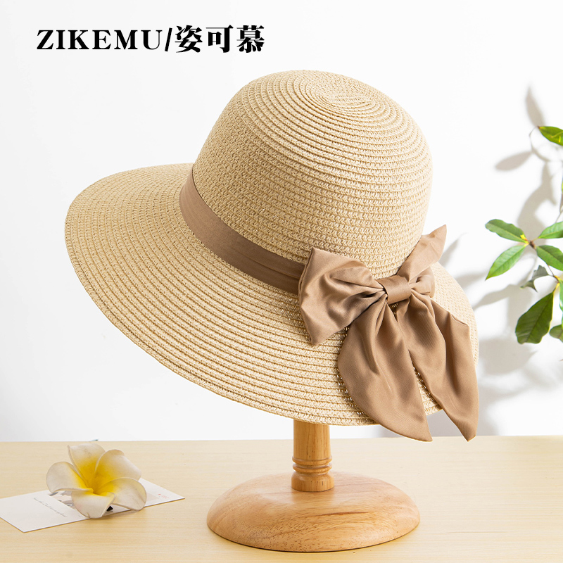 帽子女夏法式优雅蝴蝶结太阳帽防晒大帽檐遮阳帽海边度假沙滩草帽