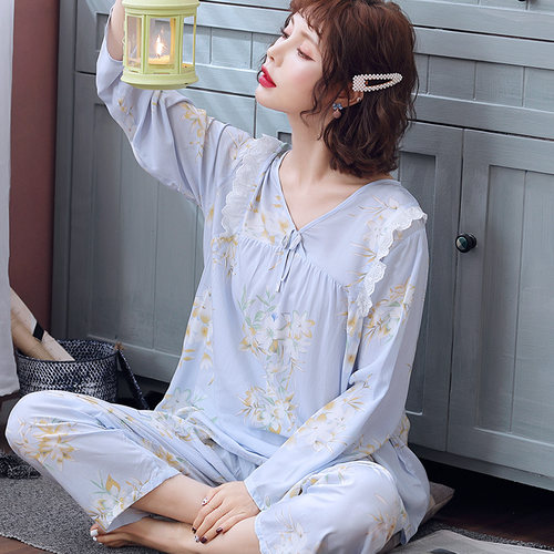 棉绸睡衣女春秋季长袖绵绸套装夏款大码夏天家居服薄款2026年新款 - 图1