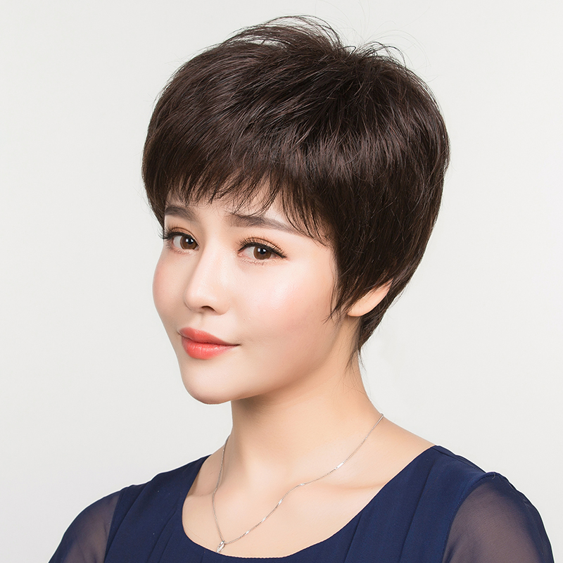 一枝花假发旗舰店中老年假发女短发送妈妈真发女士全头套式蓬松自然真人发丝假发套1