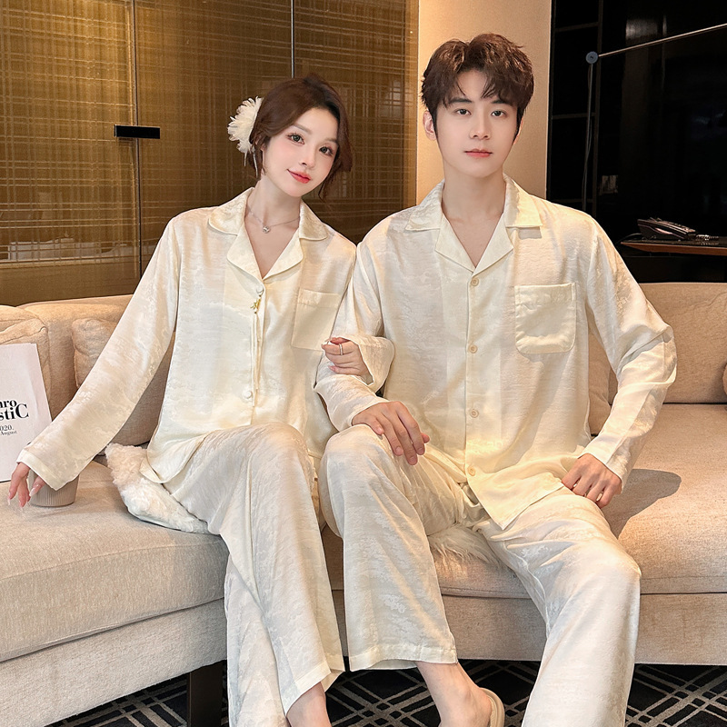 古风情侣睡衣女春秋季新款提花高级感冰丝薄款套装凉感男士家居服 - 图2