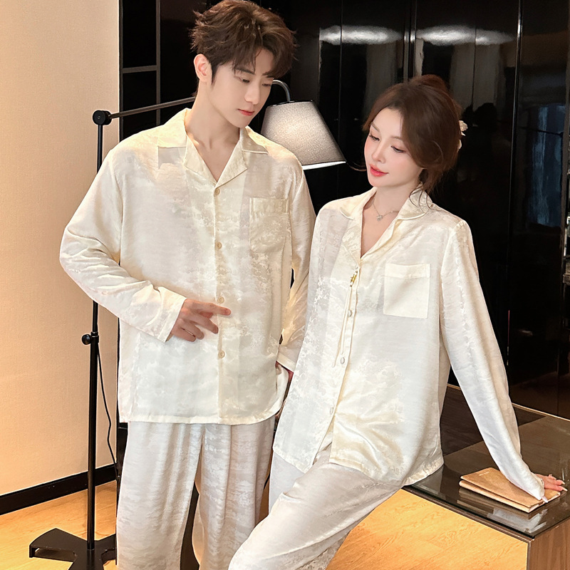 古风情侣睡衣女春秋季新款提花高级感冰丝薄款套装凉感男士家居服 - 图1