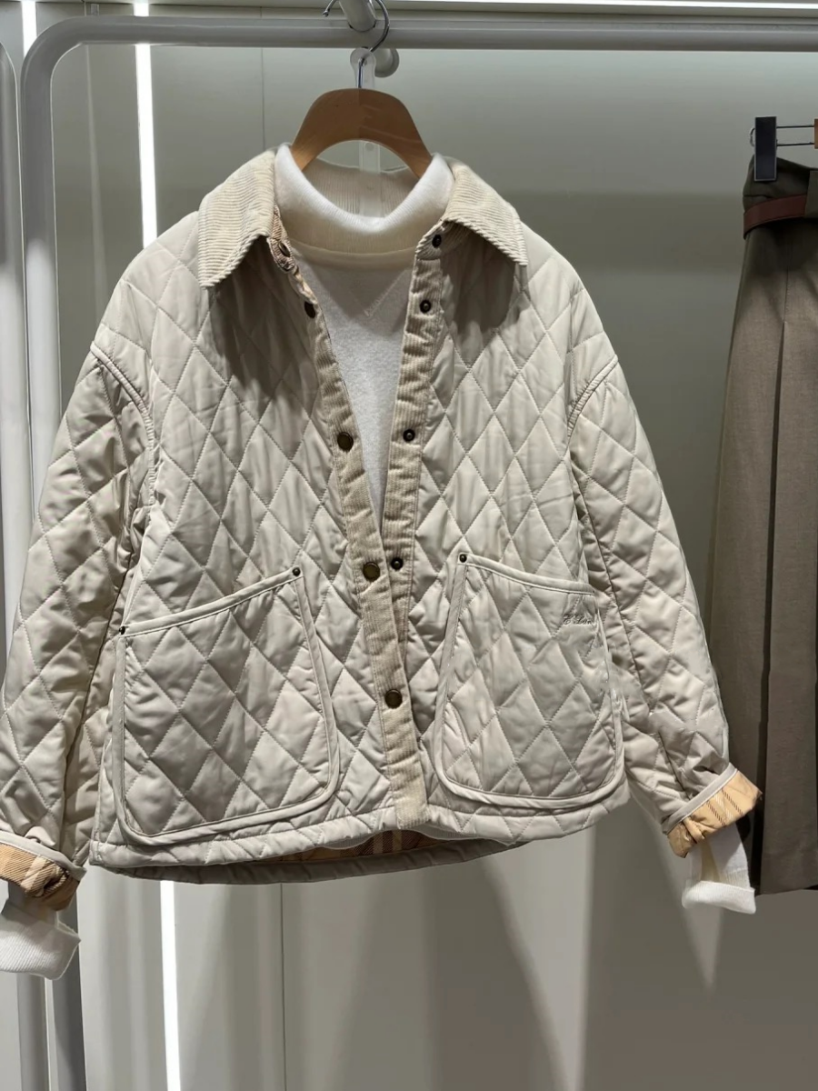 卢昱晓同款依恋2023冬季新款复古风菱格短款棉服外套女EEJPD4TY01