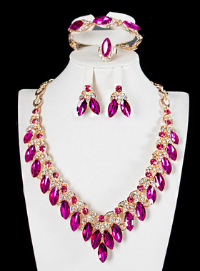 欧美水晶马眼玻璃项链耳环四件套礼服宴会新娘气质女夸张首饰品