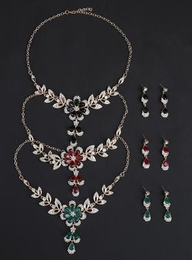 2024新款欧美项链套装新娘复古百搭花朵形状镶彩钻锁骨链现货