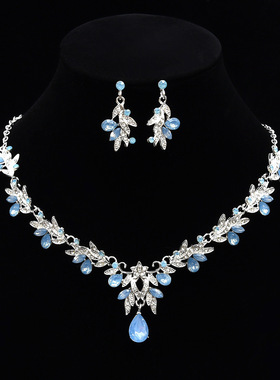 跨境新款树叶镶钻锆石项链耳环两件套结婚首饰新娘礼服配饰品批发