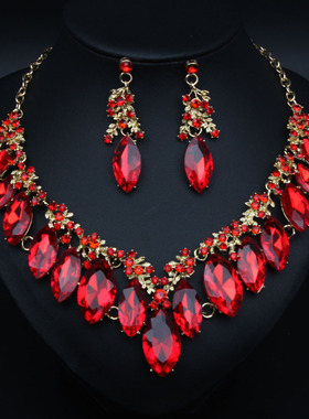 欧美夸张大水晶玻璃项链耳环套装女新娘宴会礼服配饰品批发