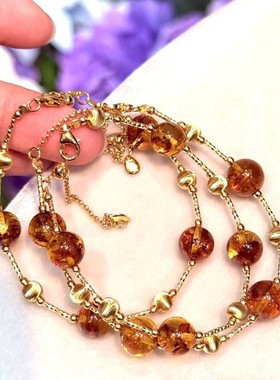 纯银s925天然花珀琥珀猫眼镭射珠手链美拉德风贵气感气质手饰