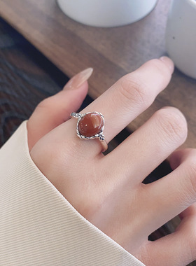 S925纯银南红天然红宝石红色玛瑙文艺气质开口戒指女款