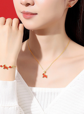 纯银小马红色红玛瑙红宝石生肖马上有钱项链女本命年2026马年银饰