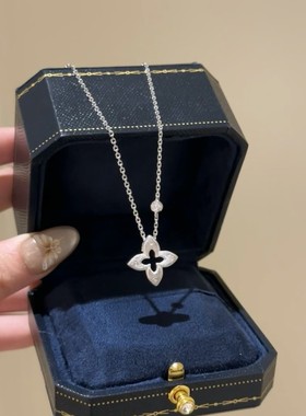 纯银s925芒星幸运四叶草拉丝项链推拉可调节长短项链18K金女款