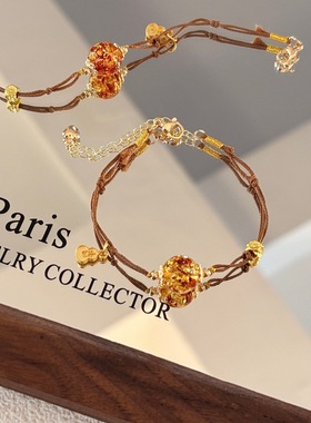 【千金】原创天然花珀编绳手链女中式民族风女款设计送朋友手饰品