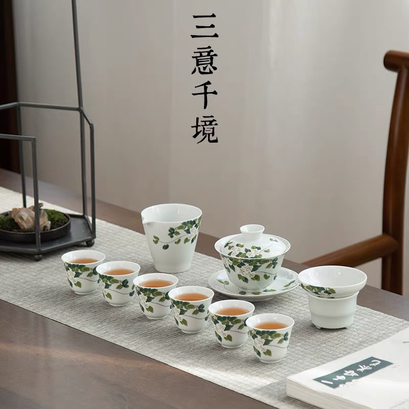 山茶花盖碗 中国风三才盖碗茶杯泡茶 草木灰盖碗功夫茶具套装防烫 - 图2