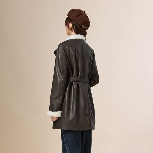 IEF/爱依服2025冬季新款法式复古风加绒保暖通勤气质亮面皮中外套 - 图3