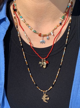 LAZY CIRCLES黑碧玺好事花生小象项链红色幸运小马节日礼物多吊坠