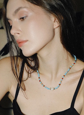 waki 薄荷小镇心动浪花薄荷色系叠戴度假感手工串珠项链小众百搭