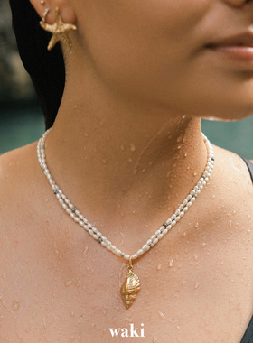 waki 贝壳海螺温柔珍珠白海螺吊坠串珠项链长款 Tender Seashell