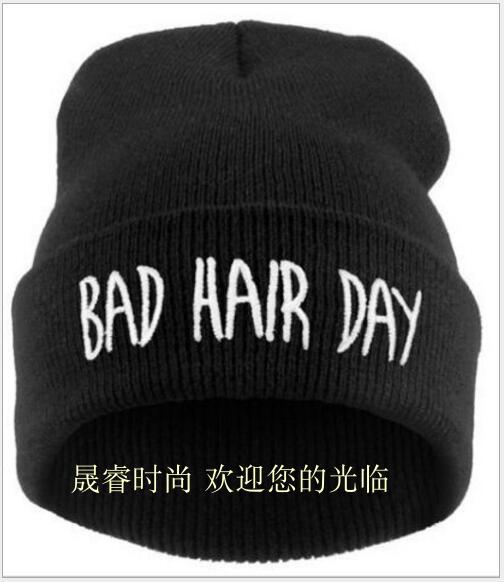 秋冬季Bad Hair Day绣花保暖街舞帽子男女儿童运动针织毛线套头帽 - 图0