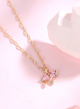 S925纯银心动轨迹粉色锆石吊坠项链ins小众设计少女心星星锁骨链
