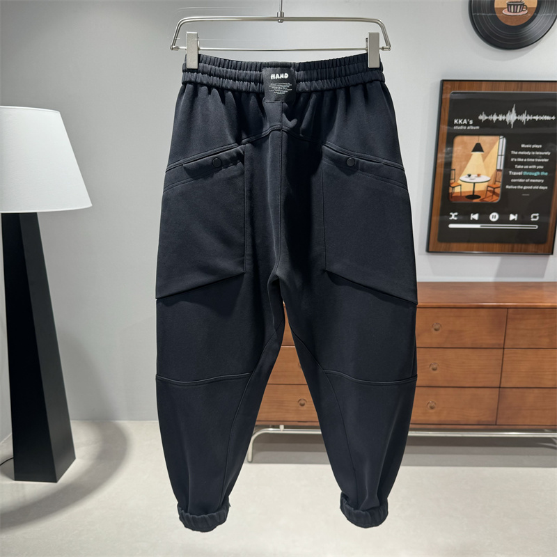 潮牌水洗大口袋休闲裤男士秋冬加厚宽松束脚运动卫裤松紧腰工装裤 - 图2