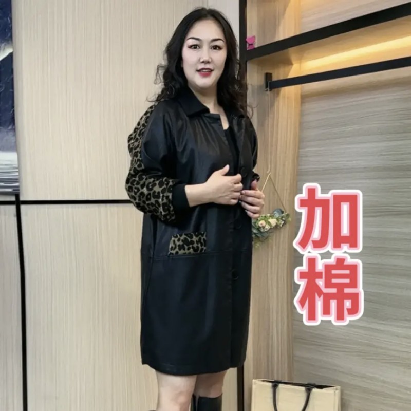 中长款加棉秋冬女士拼接大码皮衣中老年妈妈装宽松时尚气质棉外套