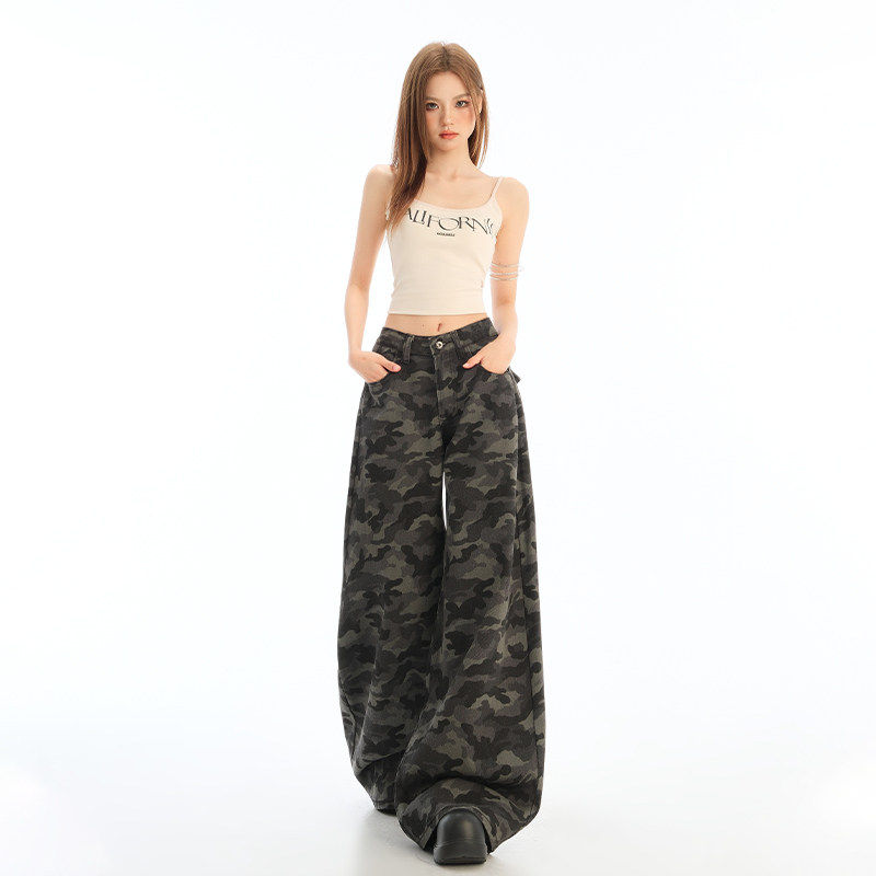 美式高街工装阔腿牛仔迷彩裤女小个子2025新款高腰显瘦宽松直筒裤,淘宝优惠券,粉丝福利购,淘宝优惠卷