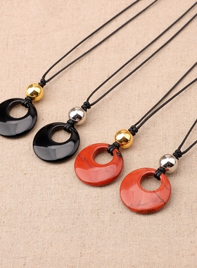 天然黑曜石平安扣项链长款吊坠新中式毛衣链秋冬高级感黑绳配饰