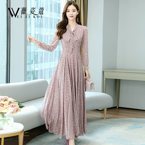 Осеннее платье, длинный осенний лонгслив, элитная шифоновая длинная юбка, в цветочек, коллекция 2022