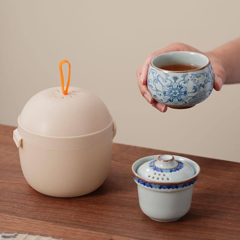 天青缠枝莲一人饮旅行茶具套装单人便携陶瓷快客杯一壶一杯一人,淘宝优惠券,粉丝福利购,淘宝优惠卷