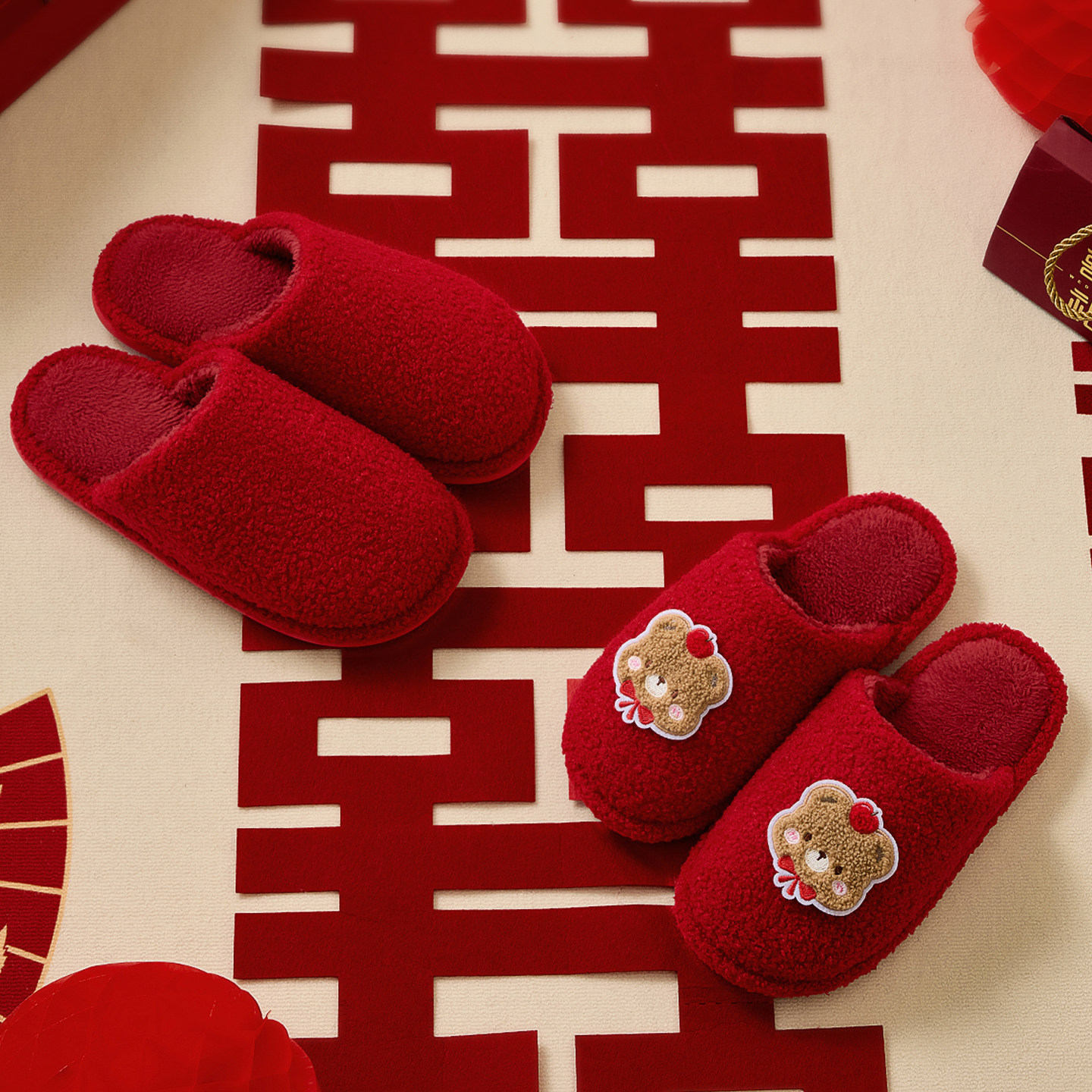 结婚拖鞋高级感新婚情侣款新郎新娘陪嫁喜庆红色可爱本命年棉拖女,淘宝优惠券,粉丝福利购,淘宝优惠卷