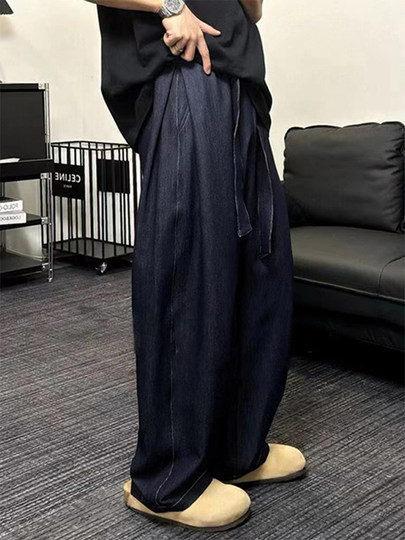 飘带设计感深蓝色仿牛仔裤男款夏季潮牌宽松阔腿裤垂感直筒弯刀裤