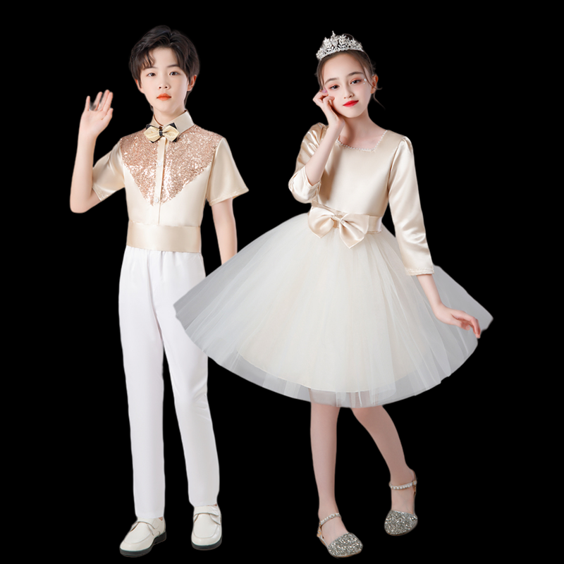新款男童长袖礼服女童香槟色舞蹈纱裙中小学生合唱团演出服装朗诵,淘宝优惠券,粉丝福利购,淘宝优惠卷