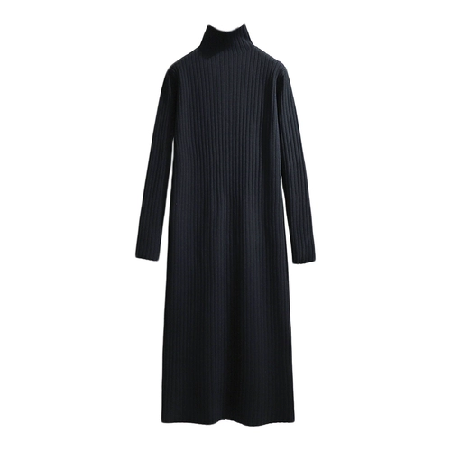 Демисезонное длинное трикотажное платье, шерстяное платье, черное платье большого размера, средней длины, высокий воротник, свободный крой