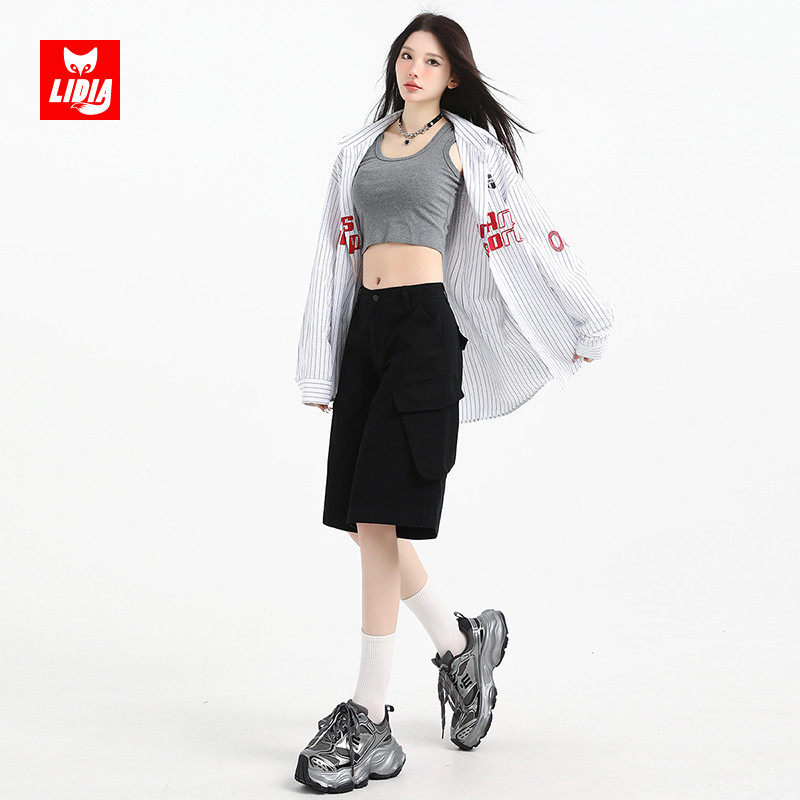 黑色高腰休闲工装短裤女2025夏季新款巨好看宽松显瘦阔腿五分中裤,淘宝优惠券,粉丝福利购,淘宝优惠卷