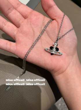 Misa officail｜经典银红黑色歪爱心搪瓷土星项链耳钉小众设计感