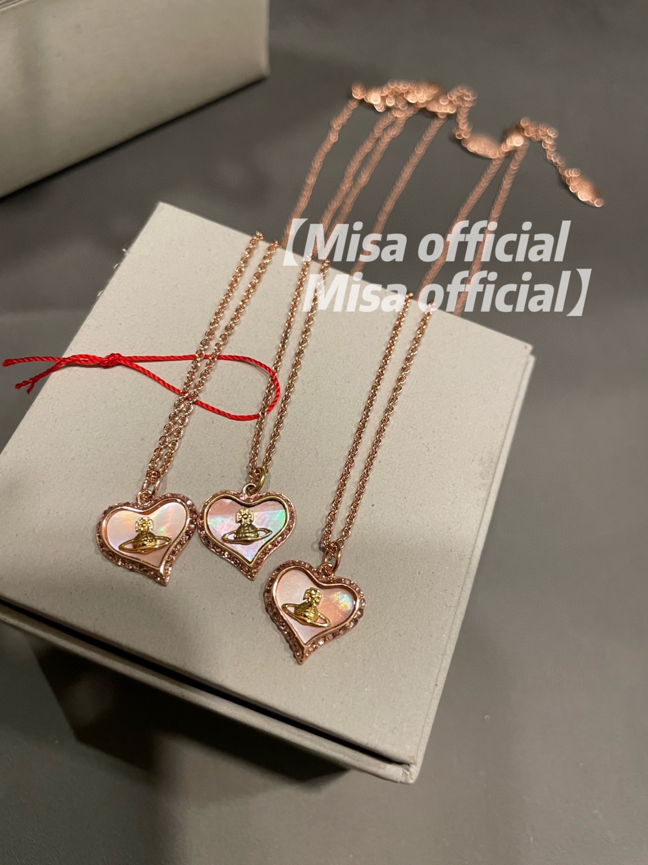 Misa officail｜天然粉贝母爱心西太后渐变项链耳钉土星金粉钻闪 - 图0