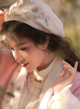 原创汉服帽绣花贝雷帽甜美帽日常百搭帽古风配饰秋季新款帽子