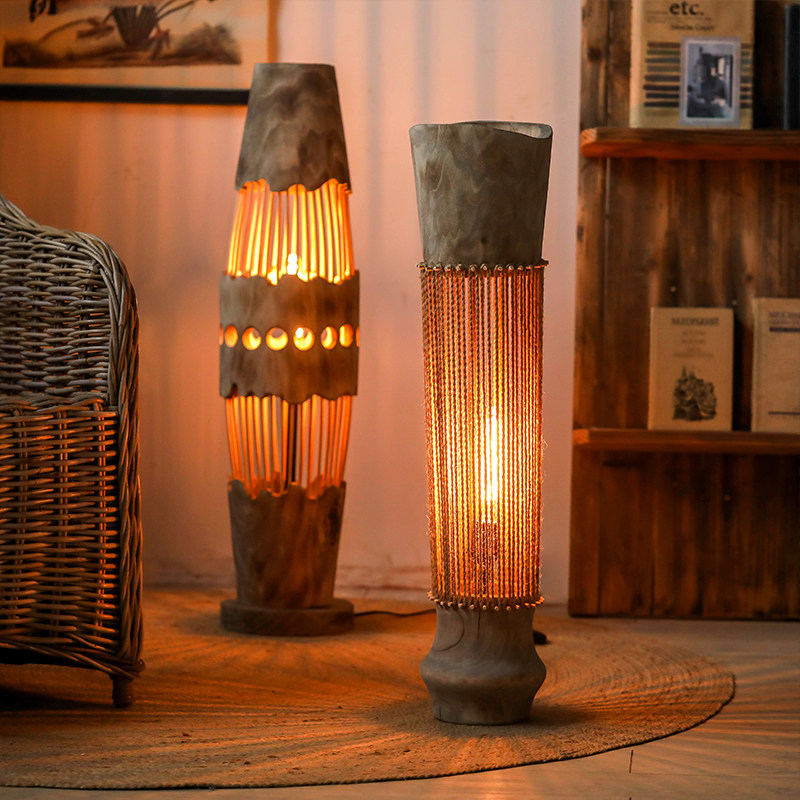 手作原木镂空客厅落地灯民宿侘寂风复古卧室氛围灯沙发旁装饰摆件,淘宝优惠券,粉丝福利购,淘宝优惠卷