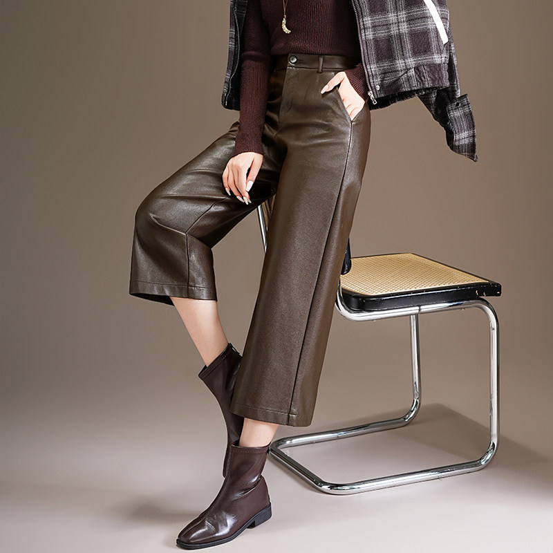 加厚pu皮裤八分裤女2025秋冬季新款高腰宽松显瘦小个子直筒阔腿裤,淘宝优惠券,粉丝福利购,淘宝优惠卷