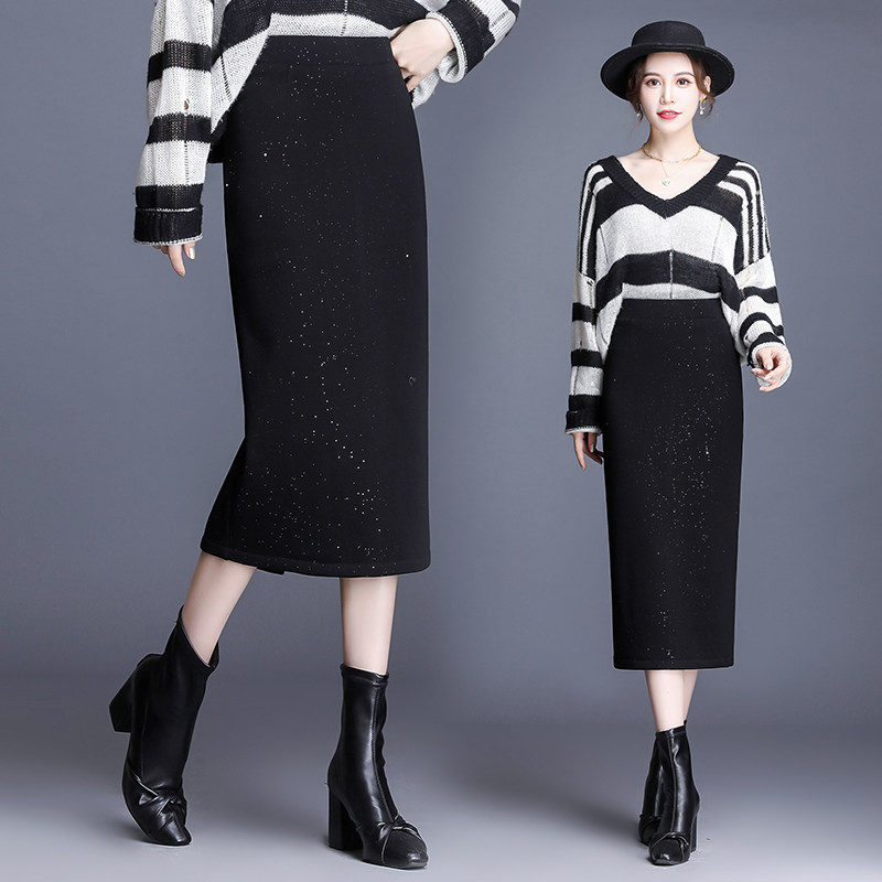 blingbling黑色针织女冬加绒一步裙 麦卡莎半身裙