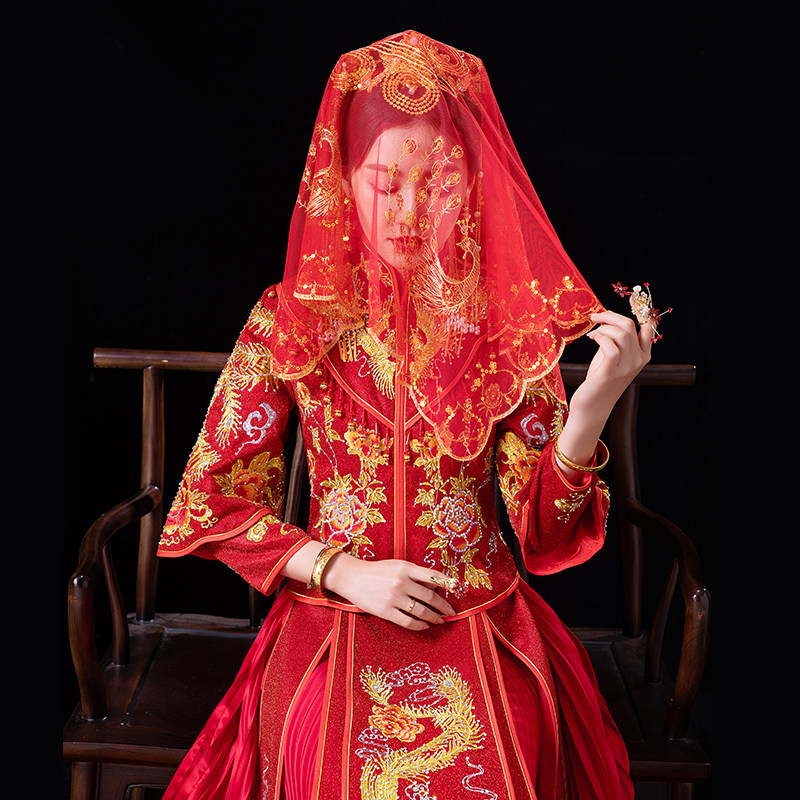新款红盖头新娘中式婚礼结婚流苏秀禾服红色盖头高档头纱秀禾蒙头_虎窝淘