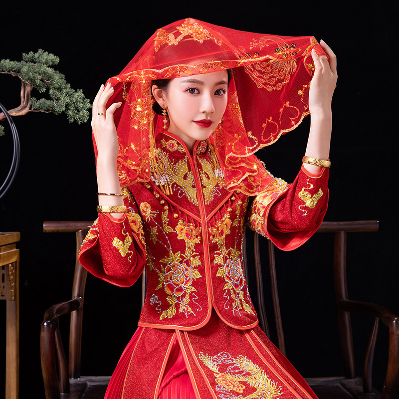 新款红盖头新娘中式婚礼结婚流苏秀禾服红色盖头高档头纱秀禾蒙头_虎窝淘