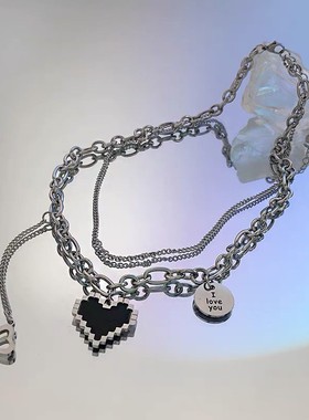 黑色爱心多层项链钛钢女