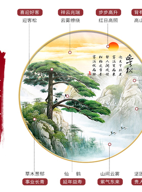 迎客松入户玄关装饰画新中式走廊过道圆形壁画客厅茶室山水画挂画
