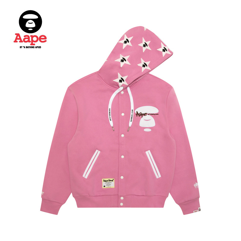 Aape letter star hooded plus fleece baseball jacket