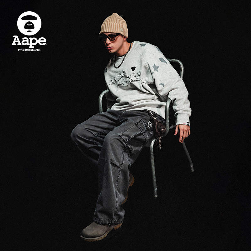 Aape旗舰店男装秋冬猿人徽章水洗做旧褶皱潮流宽松工装裤C641XXP,淘宝优惠券,粉丝福利购,淘宝优惠卷