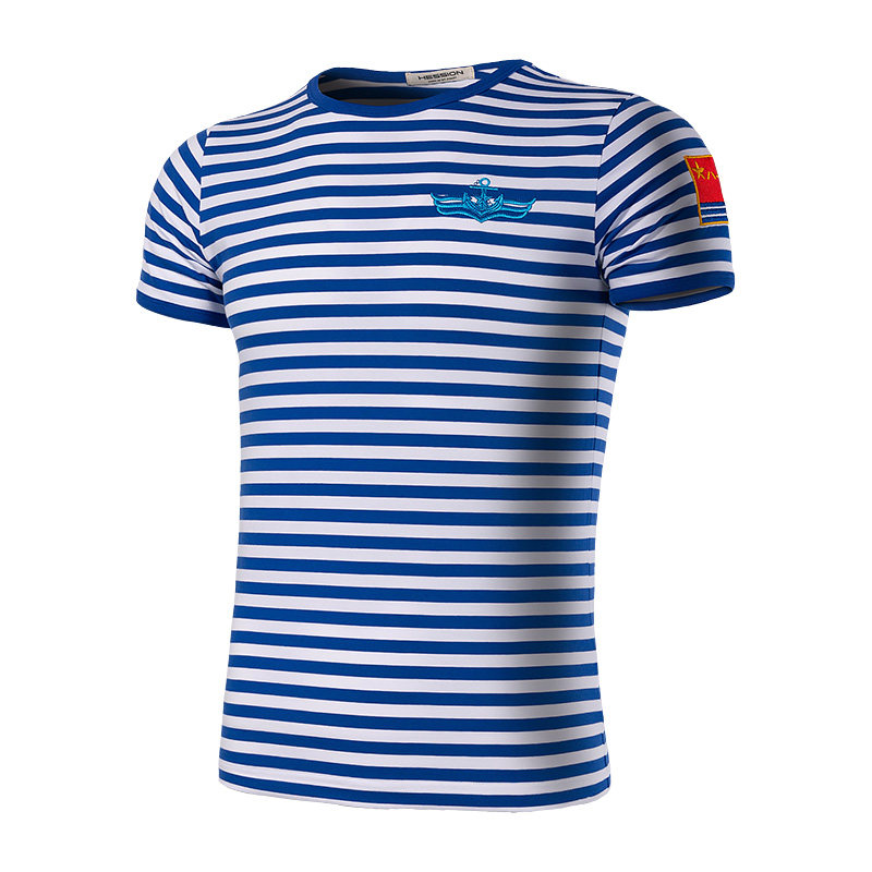 海军风男士刺绣蓝白条纹短袖海魂衫 海行T恤